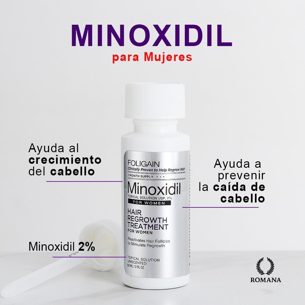 ROMANA-Descripción Tratamiento tópico de pérdida/crecimiento de cabello con minoxidil al 2% fácil de aplicar. Aprobado clínicamente para ayudar a volver a crecer el cabello. Reactiva los folículos capilares para estimular la regeneración. Solución (liquido) tópica sin olor. Resultados de 2 a 4 meses, dependiendo de la edad y que tan afectada este el área. El tratamiento de regeneración del cabello con minoxidil al 2% para mujeres utiliza el minoxidil de mayor pureza y potencia, clínicamente demo